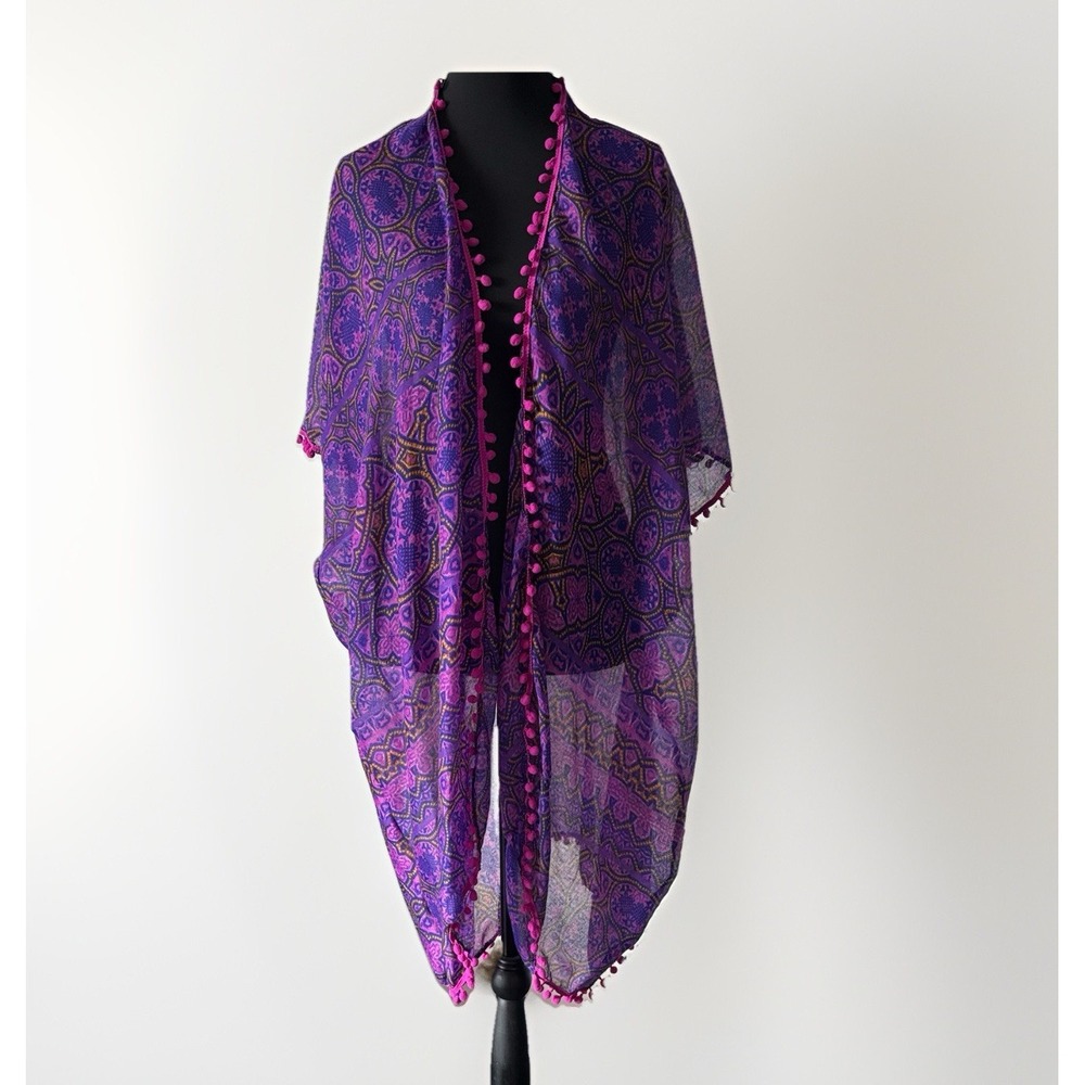 Swim Coverup Sheer Purple Pink Pom Pom Women's L /XL Moontide Boho Hippie Beach